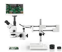 Vision VS-5FZ-IFR07-RET11.6 Simul-Focal Trinocular Zoom Stereo Microscope, 10x WF Eyepiece, 3.5X-90x Magnification, 0.5X & 2X Aux Lens, Single Arm Boom Stand,11.6" Retina HD Display with 5MP Camera