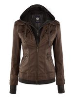 Lock and Love LL WJC664 Womens Faux Leather Jacket with Hoodie S Coffee