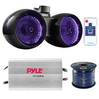 Marine Speaker And Amp Combo: Pyle PLMRMP3A 4 Channel 1200 Watt Waterproof MP3 Power Amplifier Bundle With 6.5" 400W Dual Wakeboard Waterproof LED Light Tower Speakers + Enrock 50Ft 16g Speaker Wire