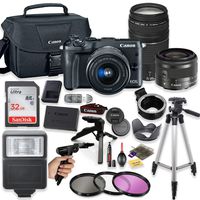 Canon EOS M6 Mirrorless Digital Camera (Black) with EF-M 15-45mm Lens & EF 75-300mm Lens + Pro Lens Mount Auto Adapter - EOS (EF/EF-S to EF-M Mount) + Deluxe Accessory Bundle