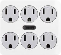 GE 6 Outlet Grounded Power Tap with Guide Light, 3 Prong Wall Adapter, Twist-to-Lock Safety Covers, Automatic Soft Glow Orange Night Light, UL Listed, White, 14470