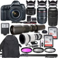 Canon EOS 5D Mark IV DSLR Camera w/ 24-105mm USM Lens Bundle + Canon EF 75-300mm III Lens, Canon 50mm f/1.8, 500mm Lens & 650-1300mm Lens + Backpack + 64GB Memory + Monopod + Professional Bundle
