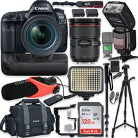Canon EOS 5D Mark IV DSLR Camera w/Canon 24-70mm f/2.8 USM Lens Kit + Pro Photo/Video Accessories Including 128GB Memory, Speedlight TTL Flash, Battery Grip, LED Light, Micorphone, 60" Tripod & More