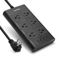 15A 14AWG Surge Protector Power Strip Flat Plug 10ft Extension Cord 6 Outlet 4 USB 3.1A Fast Charge Ports Adjustable Voltage 110-240V for iPhone iPad Home Indoor Office Desktop Black SUPERDANNY