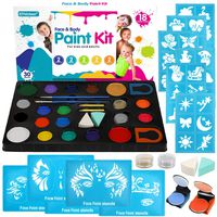 Face Paint Kit for Kids, 18 Large Water Based Paints, 4 Large Stencils, 36 Small Stencils, Professtional Non-Toxic Face Painting Makeup Kits for Halloween or Birthday Party, Safe to Sensitive Skin