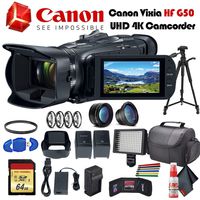 Canon Vixia HF G50 UHD 4K Camcorder (Black) (3667C002) with Extra Battery, UV Filter, Close Up Diopters, Wide Angle Lens,Tripod, Padded Case, LED Light, 64GB Memory Card and More Advanced Bundle