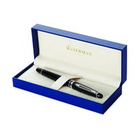 Waterman Expert Fountain Pen, Gloss Black with Chrome Trim, Fine Nib with Blue Ink Cartridge, Gift Box