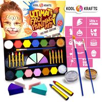 Kool Krafts Ultimate Face Painting Kit for Kids - 12 Large Water Based Paints + 10 Face Paint Crayons, 2 Glitters, 2 Brushes,16 stencils - Halloween Makeup, Safe for Sensitive Skin, Jumbo Kit 46 Items