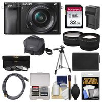Sony Alpha A6000 Wi-Fi Digital Camera & 16-50mm Lens with 32GB Card + Case + Battery/Charger + Tripod + Tele/Wide Lens Kit