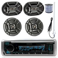 Kenwood KMR-M315BT MP3/USB/AUX Bluetooth Marine Boat Yacht Stereo Receiver Bundle Combo W/ 2 Polk 6.5" Audio Speakers + 2x 6X9" 3-Way Coaxial Speaker + Enrock 22" Radio Antenna + 50FT Speaker Wire