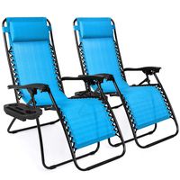Best Choice Products Set of 2 Adjustable Steel Mesh Zero Gravity Lounge Chair Recliners w/Pillows and Cup Holder Trays, Light Blue