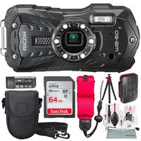 Ricoh WG-60 Waterproof Digital Camera, Black with 64GB, Floating Strap, Tripod, Cleaning Kit Deluxe Accessory Bundle