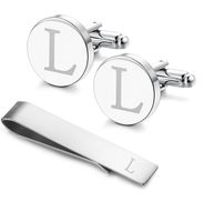 Classic Engraved Initial Cufflinks and Tie Clip Bar Set Alphabet Letter Formal Business Wedding Shirts L