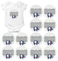 Gift Set of 12 Round Keepsake Photography Monthly Baby Stickers with Elephants in Navy Blue MOSB111