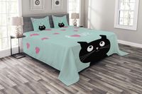 Lunarable Valentines Bedspread, Kitty Heart Cat Companions Kids Children Illustration, Decorative Quilted 3 Piece Coverlet Set with 2 Pillow Shams, King Size, Seafoam Black