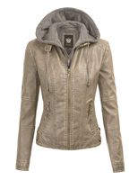 Lock and Love LL Womens Faux Leather Quilted Motorcycle Jacket with Hoodie XL Khaki