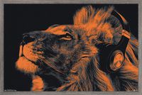 Trends International Lion with Headphones Wall Poster, 14" x 22", Framed Version