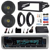 Kenwood KMRD372BT Stereo Bluetooth Receiver W/ Dash Kit Bundle Combo With 2x Kicker 6.5" Speakers W/ Adapter Brackets + Handle Bar Control For 98-2013 Harley Motorcycle + 200 Watt Amp With Install Kit