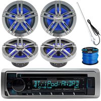 Kenwood Marine Boat Outdoor Bluetooth CD MP3 USB/AUX iPod iPhone Stereo Receiver 4x 6.5" Inch Dual Cone Enrock Marine Waterproof Speakers 50 ft Marine Speaker Wire, Antenna (Black/Chrome)