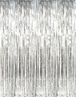 GOER 3.2 ft x 9.8 ft Metallic Tinsel Foil Fringe Curtains for Party Photo Backdrop Wedding Decor (2 Packs, Silver)