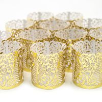 Frux Home and Yard FLAMELESS Tea Light Votive Wraps- 48 Gold Colored Laser Cut Decorative Wraps Flickering LED Battery Tealight Candles (not Included)