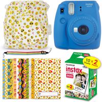 FujiFilm Instax Mini 9 Instant Camera Cobalt Blue + Fuji Instax Film (20 Sheets) + Emoji Print Hard Clear Case + 20 Emoji Sticker Frames + Rainbow Neck/Shoulder Strap