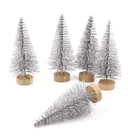Goldenlight 5Pcs Artificial Mini Christmas Trees Mini Pine Tree Sisal Trees Miniature with Snow Wood Base Ornaments for Christmas Table Top Decor Winter Crafts (Silver, 5Pcs - Height 12.5cm)