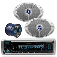Kenwood Bluetooth Radio KMR-M315BT In-Dash Marine Audio Receiver Bundle Combo With 2x JBL MS9520 6x9" Inch 2-Way White Coaxial Marine Boat Speakers + Enrock 50 Foot 16g Speaker Wire