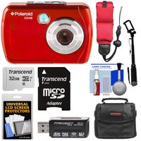 Polaroid iS048 Waterproof Digital Camera (Red) with 32GB Card + Case + Selfie Stick + Float Strap + Cleaning Kit