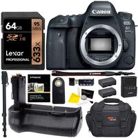Canon EOS 6D Mark II DSLR Camera Body, Vivitar Battery Grip, Lexar 64GB U3 Memory Card, Ritz Gear Camera Bag, Monopod, Replacement Battery, Accessory Bundle