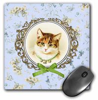 3dRose LLC 8 x 8 x 0.25 Inches Mouse Pad, Vintage Cute Kitten on Pretty Blue Floral Pattern with Green Ribbon Bow Graphic Tabby Kitty Cat (mp_120269_1)