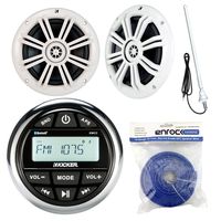 Kicker KMC2 Marine Boat Yacht Gauge Style AM/FM Stereo Receiver Bundle Combo With 2x 6.5" Inch 300-Watt White Coaxial Audio Speakers + Enrock 45" Antenna + 50 Feet 14g Speaker Wire
