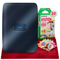 Fujifilm Instax Mini Link Smartphone Printer (Dark Denim) + Fujifilm Instax Mini Twin Film (20 Exposures), Colorful Film Frames with Hanging Clips & Fibertique Microfiber Cleaning Cloth