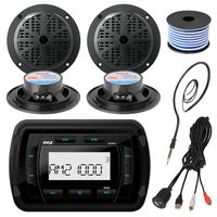 Pyle PATVR10 MP3 Bluetooth Marine Boat Yacht Stereo Receiver Bundle Combo with 4X Black 4'' Inch Dual Cone Waterproof Audio Speakers + Enrock Radio Antenna + USB/AUX to RCA Cable +18G 50-FT Wire