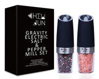Electric Gravity Salt and Pepper Grinder Set with Adjustable Coarseness Automatic Pepper and Salt Mill Battery Powered with Blue LED Light,One Hand Operated,Brushed Stainless Steel by CHEW FUN