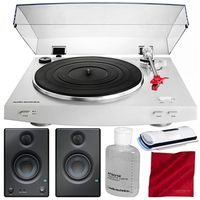 Audio-Technica Consumer AT-LP3 Stereo Turntable (White) with PreSonus Eris E3.5 Multimedia Reference Monitors (Pair) and Accessory Bundle
