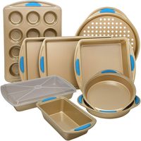 Perlli 10-Piece Nonstick Carbon Steel Bakeware Set with Baking Pans, Baking Sheets, Cookie Sheets, Muffin Pan, Bread Pan and Cake Pan with Cover, Luxurious Gold with Steel Blue Silicone Grip Handles