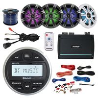 JBL PRV-175 Marine Boat Cycle Bluetooth USB Receiver Bundle with 4 Kicker KM654 6.5" Multi-Color LED Speakers W/Light Remote + 4-Channel Amplifier W/Install Kit + Enrock AUX to RCA Cable + 50Ft Wire