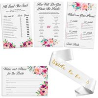 Set of 4 Vintage Watercolor Flower Themed Bridal Shower Game Card Packs with White and Gold Satin "Bride to Be" sash. - 5.5 x 8.5 Inches - 50 Sheets Each Game (200 Total)