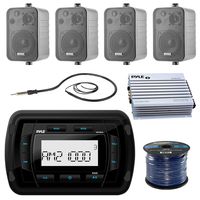 Pyle PATVR10 MP3 Bluetooth Marine Boat Yacht Stereo Receiver Bundle Combo with 4X Enrock Black 4'' Inch 200-Watt Waterproof Stereo Box Speaker + Radio Antenna + 400 Watt Amplifier + 16G 50-FT Wire