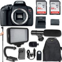 Canon EOS Rebel T7i DSLR Camera (Body Only) + 120 LED Video Light + Large Monopod + 128GB Memory + Shotgun Microphone + Camera & Flash Grip Handle Stabilizer