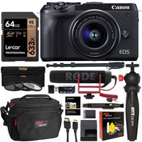 Canon EOS M6 Mark II Mirrorless Camera with Viewfinder, EF-M 15-45mm Lens (Black) CN3611C011 with Lexar 64GB Video U3 Memory Card, Rode Video Mic, Tripod, Memory Card Reader and Camera Bag Bundle