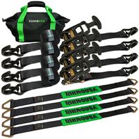 Rhino USA Heavy Duty Vehicle Tie Down Kit - 11,128lb Guaranteed Break Strength - Use for Car, Truck, UTV - (4) Premium 2" x 8' Ratchet Straps with Padded T-Handles + (4) Axle Strap Tie Downs
