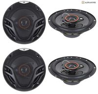 4 New (2 Pairs) Alphasonik AS26 6.5 inch 350 Watts Max 3-Way Car Audio Full Range Coaxial Speakers with Universal Mounting Holes for Easy Installation and Grills Included