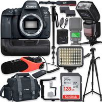 Canon EOS 6D Mark II DSLR Camera Body Only Kit with Pro Photo & Video Accessories Including 128GB Memory, Speedlight TTL Flash, Battery Grip, LED Light, Condenser Micorphone, 60" Tripod & More
