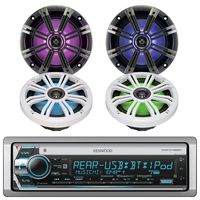 Kenwood Single DIN Marine Boat Yacht Outdoor CD MP3 USB Aux Bluetooth AM/FM Radio Receiver Bundle Combo With 4 x Kicker 6.5" Marine LED Coaxial Speakers