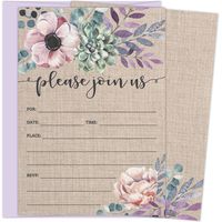 Rustic Burlap Invitations with Florals. 25 Lavender Envelopes and Fill in the Blank Invites for Bridal Showers, Baby Showers, Birthdays, Graduations, Christening, Baptism, Dinner Parties, Rehearsal Di