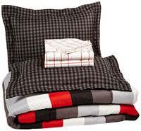 AmazonBasics 7-Piece Light-Weight Microfiber Bed-In-A-Bag Comforter Bedding Set - Full or Queen, Red Simple Stripe