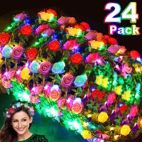 24 Pack LED Flower Crown Colorful Headband Light Up Headdress Wreath Stick Glow Party Supplies Flashing Garland for Women Teen Girls Dress Up Accessories for Birthday Wedding Easter St Patrick's Day