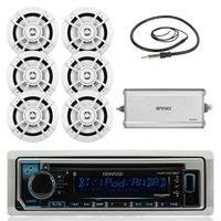 Kenwood Marine Boat Yacht Outdoor Bluetooth Stereo CD MP3 Player USB iPod iPhone Pandora AM/FM Reciver, 6 X Kenwood 6.5" Waterproof Speakers, Amplifier, Antenna - Marine Audio Kit